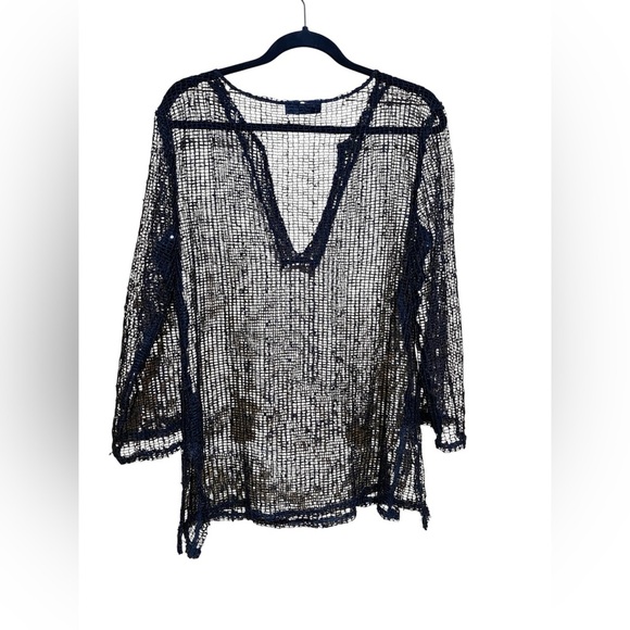 La Blanca by Rod Beattie Sheer Mesh Crochet Swim Cover Up w/ Sequins, Size Large - Picture 2 of 9